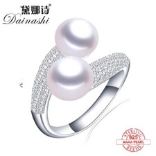 Double Pearl Adjustable Natural Freshwater Pearl 925 Sterling Silver Zircon Ring