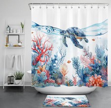 Coastal Ocean Coral Blue Sea Turtle Shower Curtain Set for Bathroom Decor