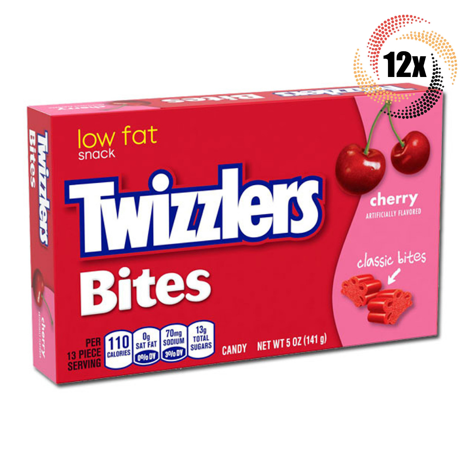 упаковка в 12 упаковок | Twizzlers Cherry Flavor Classic Bites с нежирным вкусом конфет в театральной коробке | 5 унций