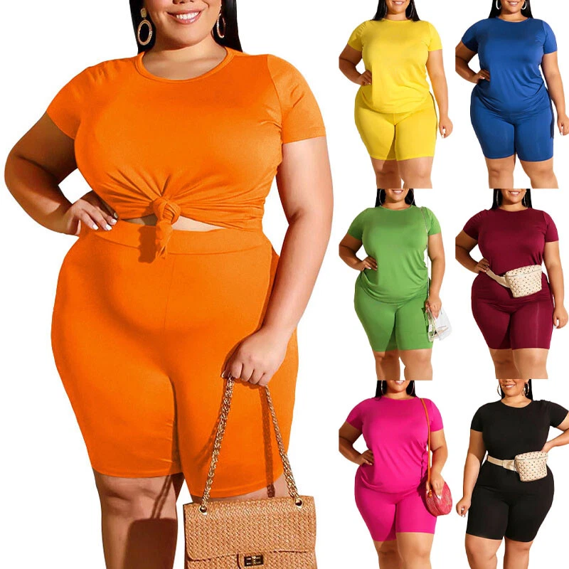 Women Two Piece Outfit Short Sleeve Tracksuit Ladies Plain Summer Plus Size