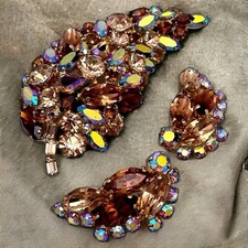 Vtg SHERMAN CHAMPAGNE & COGNAC AB Crystal Rhinestone Brooch & Ear Climbers
