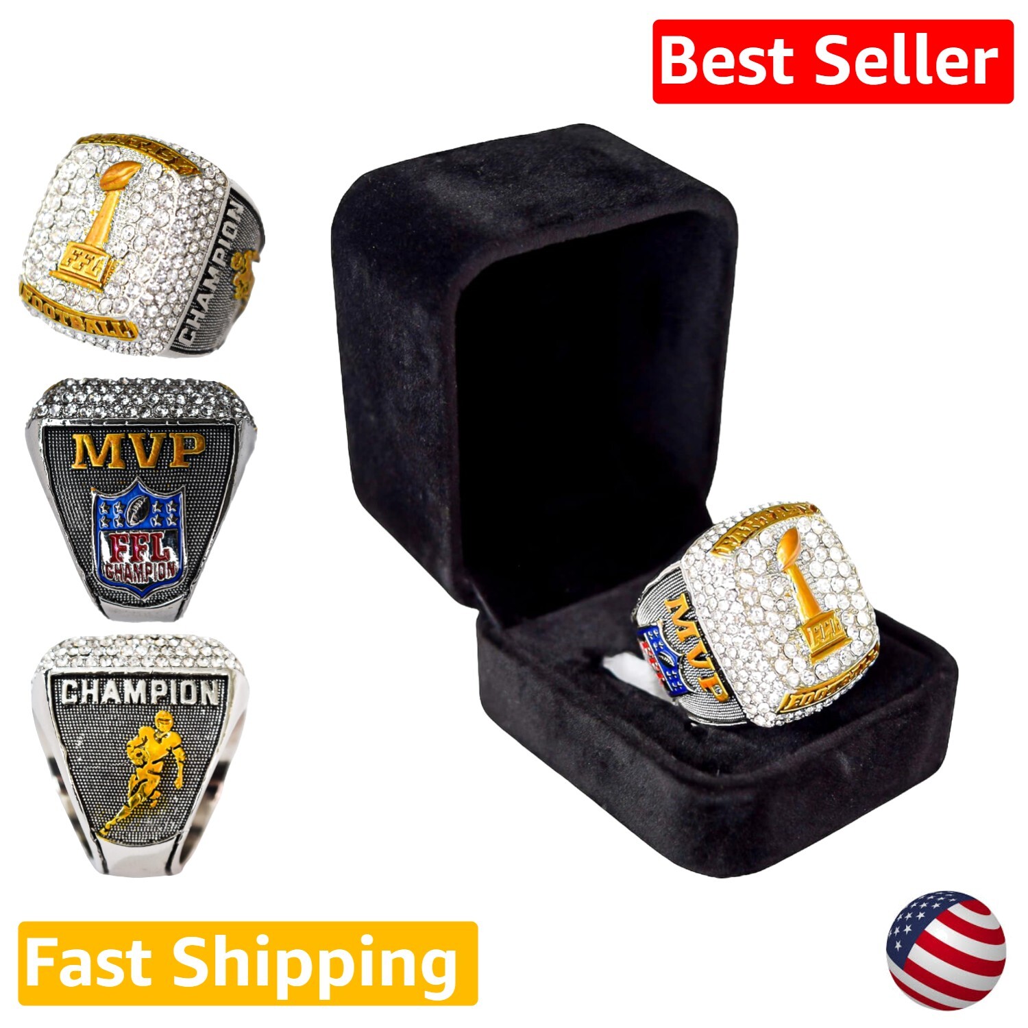 Fantasy Football Champion Ring with Display Box - Size 8