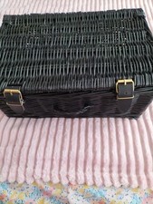 Small black wicker hamper basket with handle & buckles