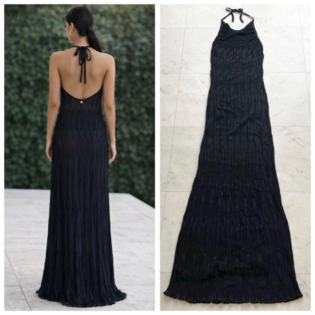 Chanel — CHANEL CC Charm Halter Knit Maxi Dress Black 09P P35199K02070 SR2069