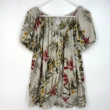 Naif Womens XL Pullover Peasant Blouse Beige Green Red Floral Elastic Neck SS