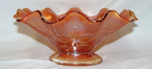 Vintage Dugan DOUBLE STEM ROSE Deep Ruffled Dome Footed Bowl Marigold Carnival
