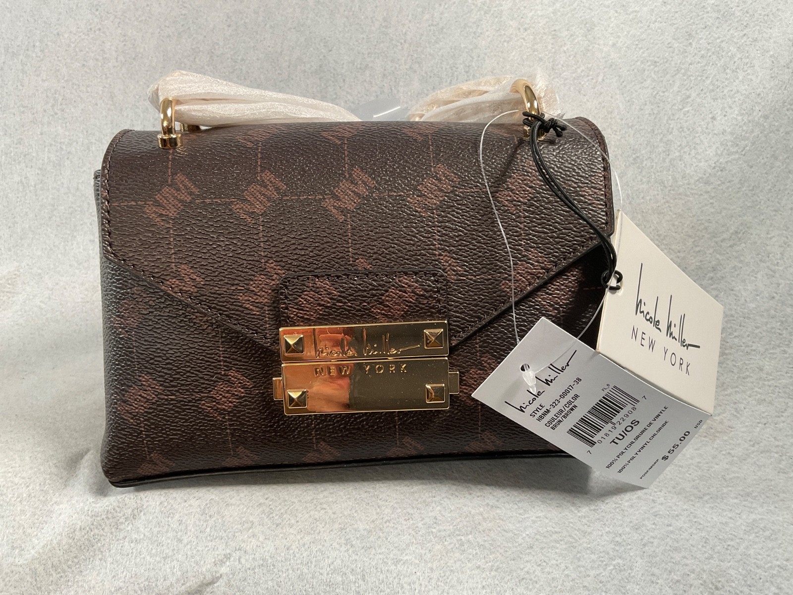 Nicole Miller Brown Logo Gold Hardware Shoulder Crossbody Bag Purse  1-B