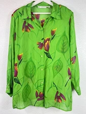 Jessica Holbrook 100% Silk Button Down Green Blouse Tulips Shoulder Pads Vtg