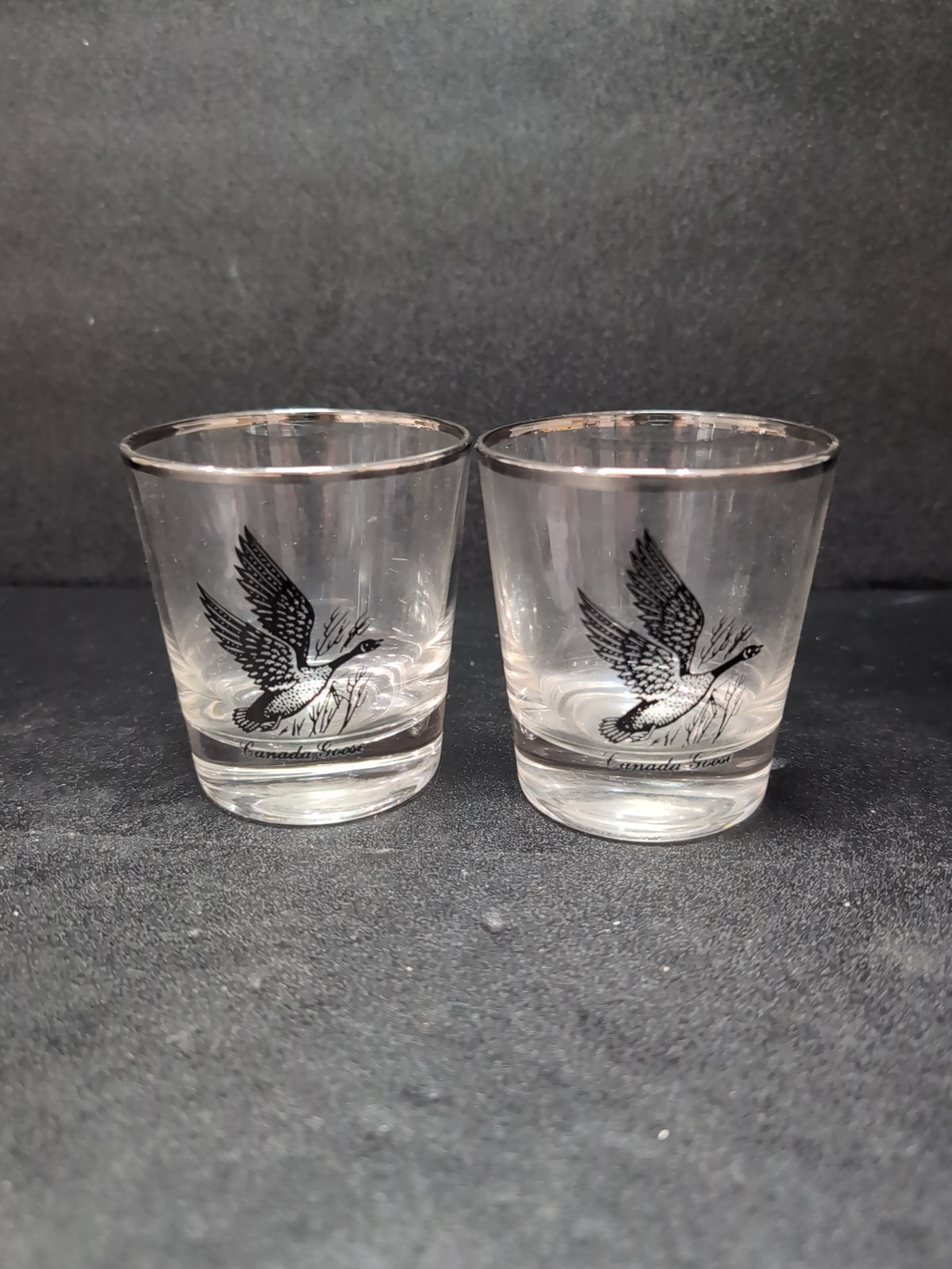 Canada Goose Whiskey Glass Set, Silver Trim Low Ball Glasses, Vtg Federal Glass