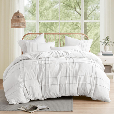 Comfort Spaces White Queen Size Duvet Cover Set - 3 Pieces Pintuck Pleated