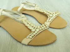 M&S Collection Ladies Flat Sandals Beige Leather Beaded Size 7 / 40