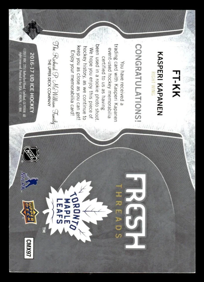 2016 UPPER DECK ICE KASPERI KAPANEN FT-KK FRESH THREADS JERSEY MAPLE LEAFS - Image 2 of 2