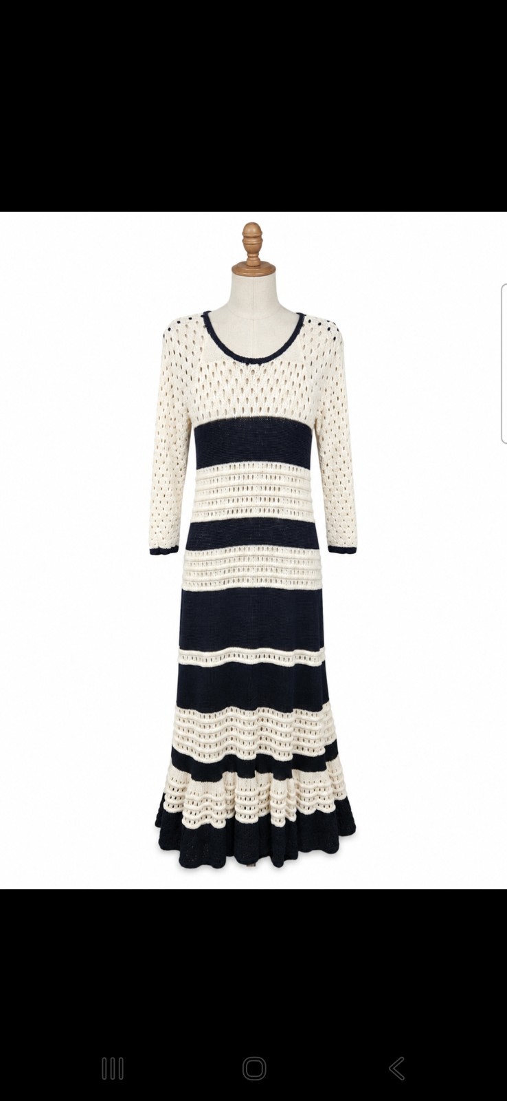 VENUS Striped Knit Crochet Maxi Dress M 3/4 Sleeve Black Cream Stripe  Resort