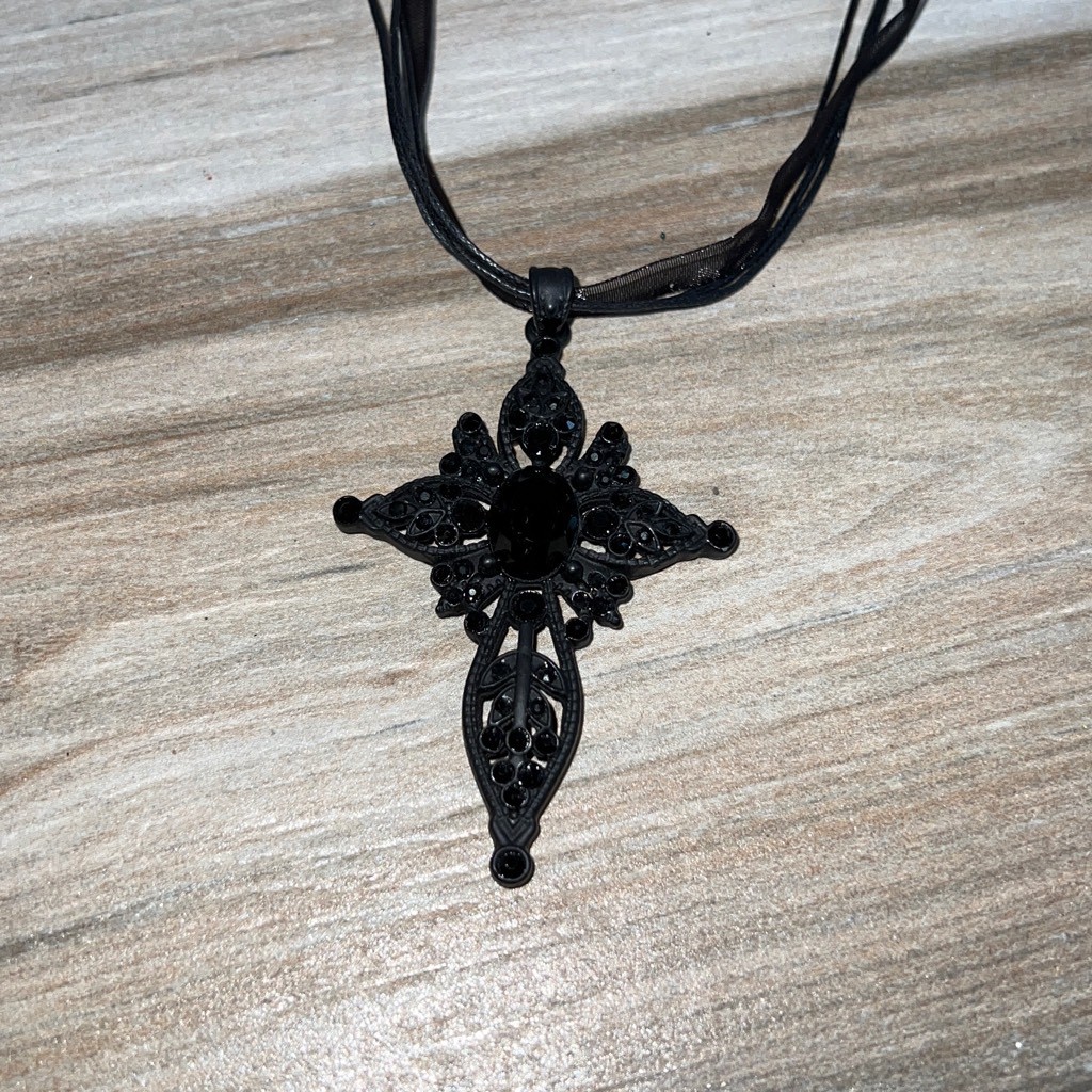 Black Beaded Cross Pendant Necklace On Cord-image