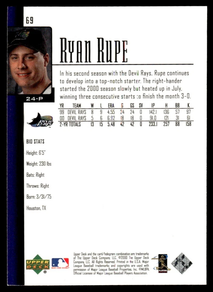 2001 Upper Deck Ryan Rupe Tampa Bay Devil Rays #69 - Image 2 of 2