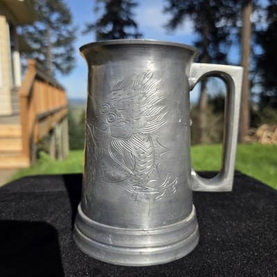 Vintage Glass Bottom Pewter Mug Metal Tankard Seng Heng Dragon Engraving