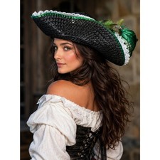 OOAK Hand-Embellished Black Woven Tricorn Hat Renaissance Pirate Cosplay Costume