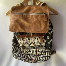 VTG Style Boho Backpack Black  White Aztec Print Canvas Italian Leather Trim