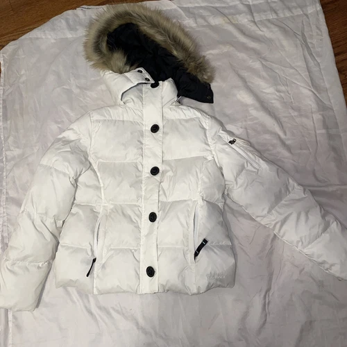 OFF WHITE Giacca LL Bean donna bianco sporco piumino d'oca pelliccia sintetica zip outdoor piccola