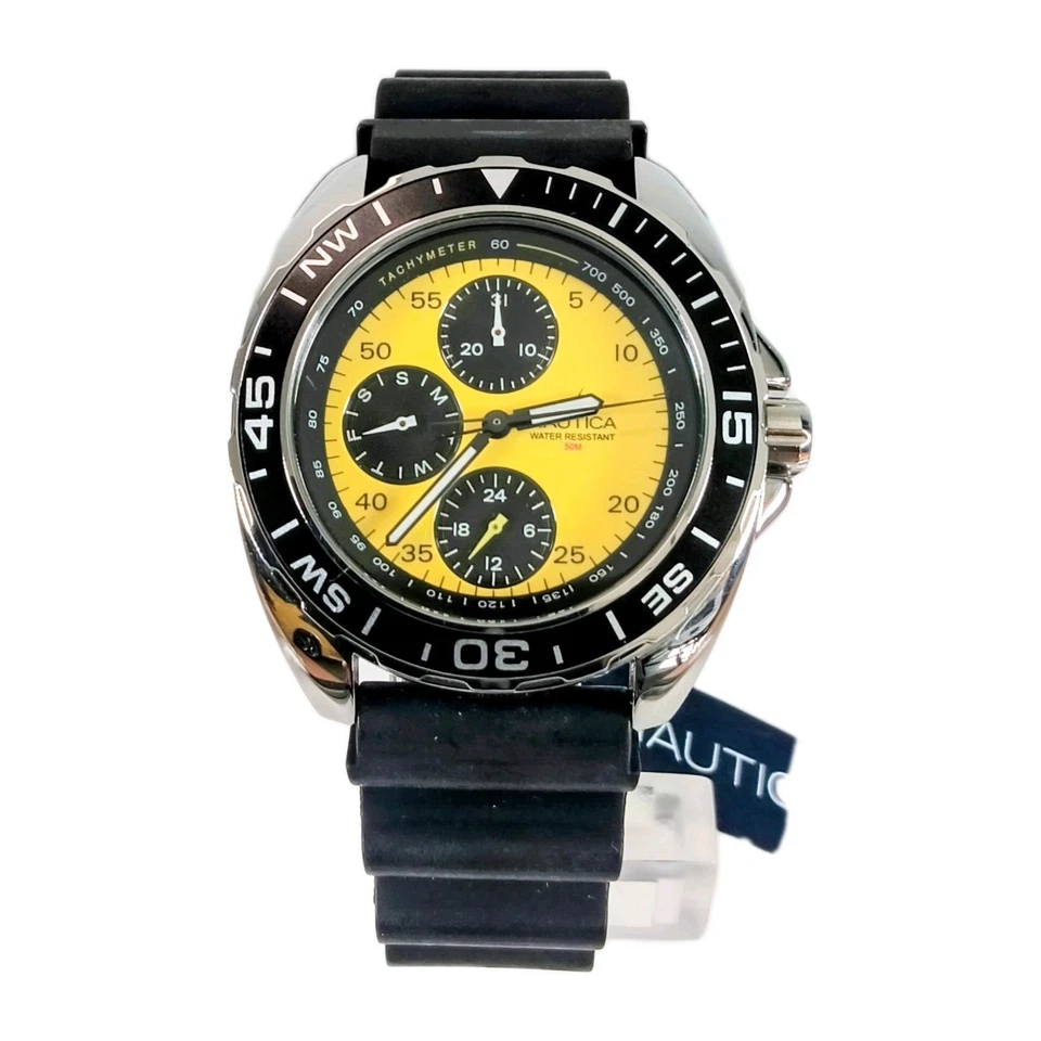 Nautica 39MM  Men's Chrono Watch Black Silicone Strap Yellow Dial NOS - Image 3 of 4
