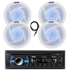 Pyle CD Bluetooth Receiver, 4x 5.25" 180W Blue Flash LED White Speakers, Antenna