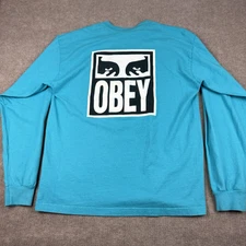 OBEY Shirt Mens Large Blue Double Sided Logo Y2K Tee Culture Streetwear Art Eyes