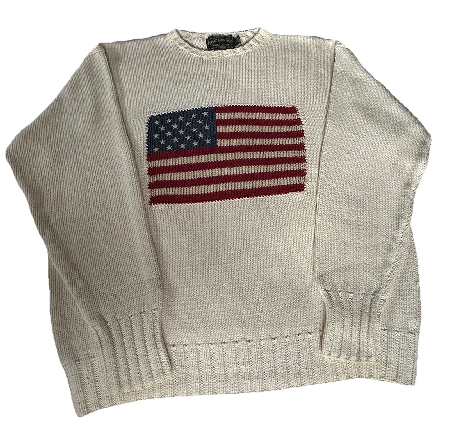 VTG Polo Country Ralph Lauren Knit Flag Sweater Men’s XL Ivory Cotton Sportsman