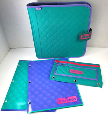 Mead Sassafras Quilted Trapper Keeper Binder Teal Purple 2 Folders Zipper Pouch