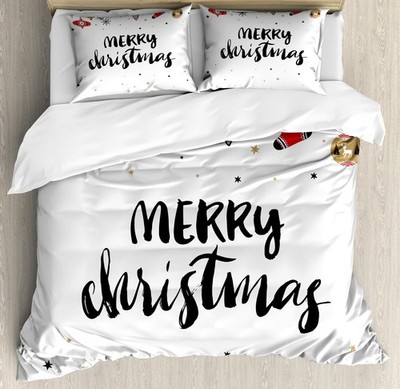 Christmas Duvet Cover Set, Merry Xmas Words Modern Brush Lettering Creative N...