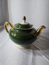 Vintage 1954 Homer Laughlin Green 22k Gold Teapot Greenbriar B54N8 WV USA