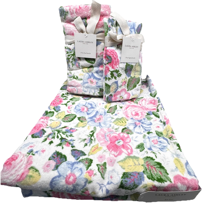 6 pc Laura Ashley FLORAL QUARTET Pink Blue Velour Bath Hand Tip