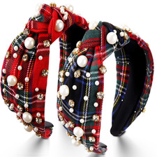 2 Pack Christmas Headband for Women Pearl Knotted Headband Hairband Rhinestone J