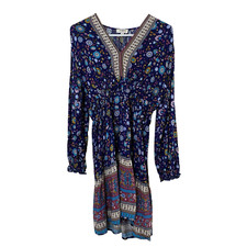 Umgee Womens Floral Long Sleeve Mini Dress Small Rayon Blue w/Colorful Flowers
