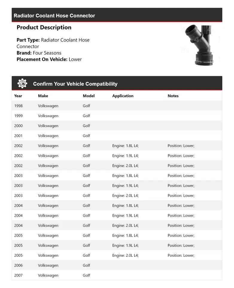 Conector de manguera de refrigerante de radiador para Volkswagen Golf 1998-2007 4 estaciones 1999 Foto 2 de 4