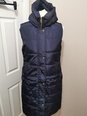 Mudflower Gilet Ladies Longline Hooded Zip Up Quilted in Navy Blue