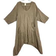 Match Point Brown Linen V Neck Shark-bite Hem Shirt Dress Pullover XL Pockets