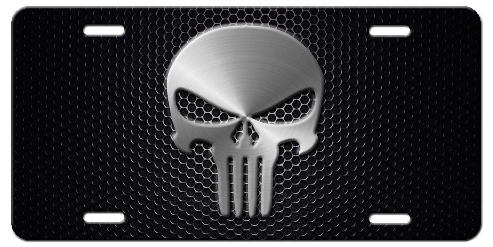 Punisher Skull Vanity Novelty Aluminum License Plate Tag New Black Silver C - Picture 1 of 4