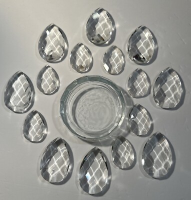 14 Pc Clear Glass Candle Holder With  Teardrop Pieces - Some Flaws Shown In Pics