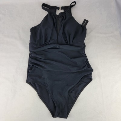 Tempt Me Women 1 Piece Swimsuit Black High Neck Plunge Ruched Tummy Mesh Cutout
