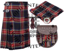 Scottish Mens Black Stewart tartan KILT Traditional 8 yard Kilt With Accessories