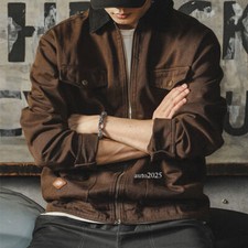 American Retro Workwear Jacket Men Autumn Lapel Collar Zipper Work Casual Jacket