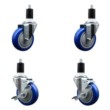 4 Inch SS Blue Poly Wheel Swivel 1-1/2 Inch Expanding Stem Caster Set 2 Brakes