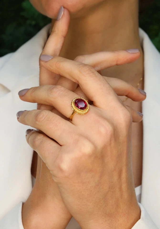 3.00 Ct Oval Cut Natural Ruby & Diamond Anniversary Ring 14k Yellow Gold Size 8 - Image 2 of 4