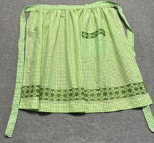 Vintage Half Apron Green White Gingham Check Cotton Hostess Cross Stitch by Hand