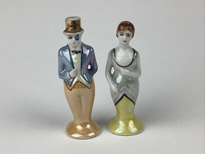 Noritake Lusterware Art Deco Flapper Lady And Man Salt Pepper Shakers Vintage