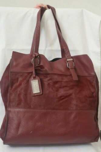 BADGLEY MISCHKA BRICK RED GENUINE LEATHER/FUR TOTE BAG + REMOVABLE POUCH EUC!  - Picture 1 of 12