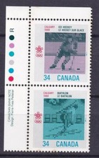 Canada 1986 Calgary Olympics Ice Hockey-Biathlon, MNH UL pair sc#1112a
