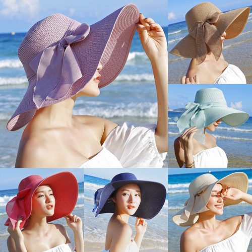 Großer Damen Sommer große breite Krempe Strohhut Schlapphut Sonne faltbar Kappe Strandhut - Bild 1 von 37