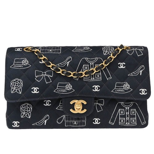 Chanel Navy Canvas Icon Medium Classic Double Flap Shoulder Bag 176540