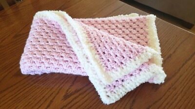 Handcrocheted Solid Pink w/ Cream color Trim Acrylic 29x33in Baby Afghan Blanket